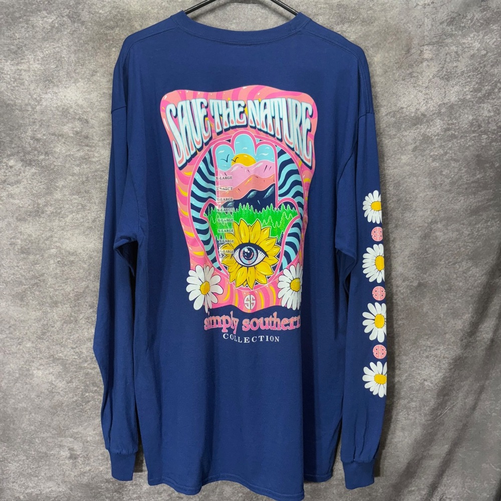 Simply Southern Save The Nature Hamsa Sunflower Blue Long Sleeve Tee Shirt Sz XL